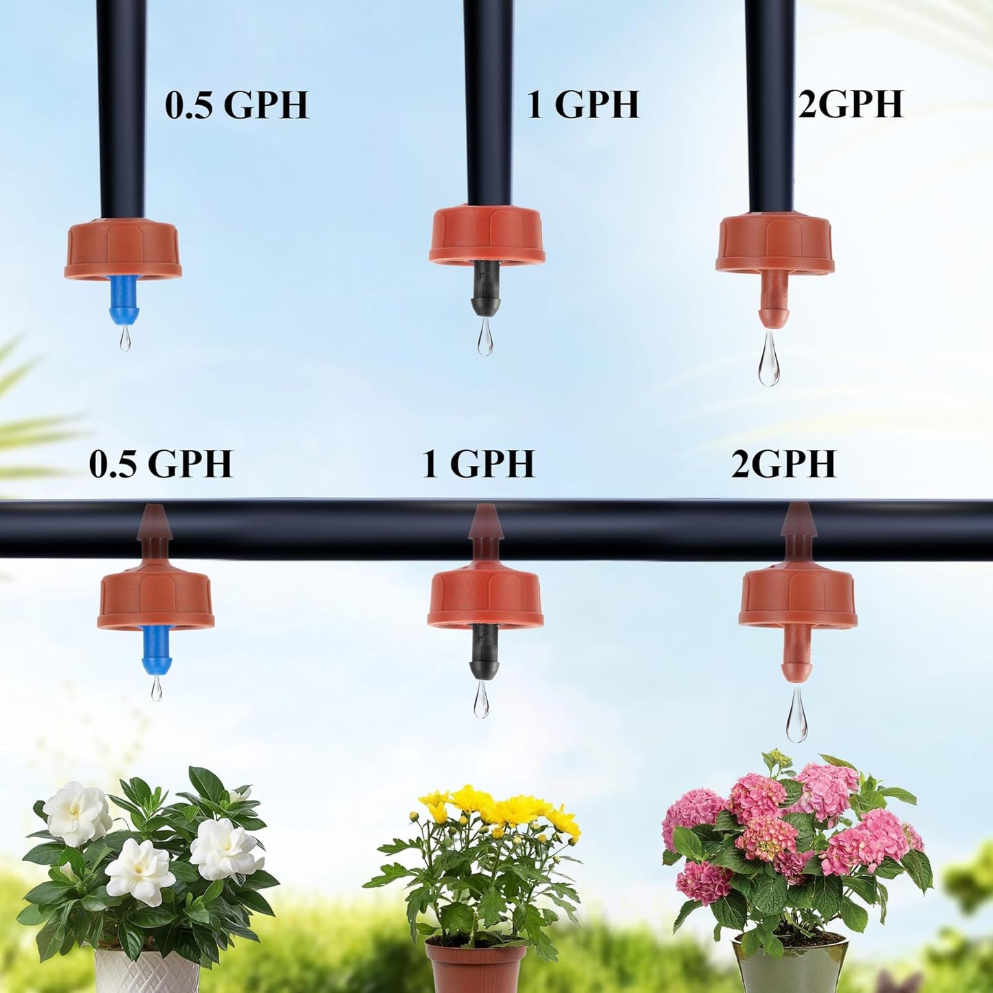 200Pcs 2GPH Pressure Compensating Irrigation Spot Drippers,Constant Flow Barb Outlet Watering Dripper Emitters Heads Parts for 1/4 Inch Watering Tubing Line for Garden Pots Plant Irrigation Systems