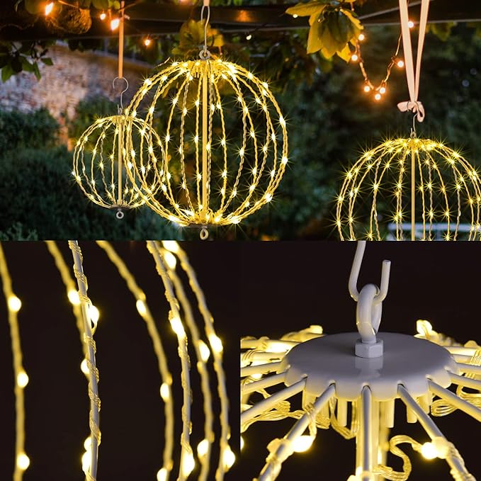 Christmas Ball Sphere, 10IN 48LED Hanging Tree and Pathway Light With Hook and Stake, Foldable Metal Frame for Outdoor Garden, UL Listed, White Frame, Warm White