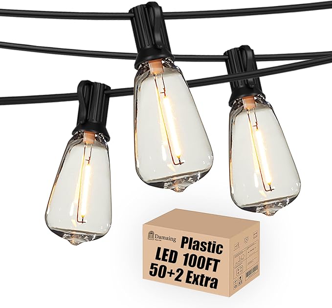DAMAING Outdoor String Lights LED 100 FT Patio String Lights,52 ST38 Shatterproof Edison Style LED Bulbs,Vintage Plastic Outdoor Lights Waterproof for Bistro Gazebos Backyard Balcony Porch.