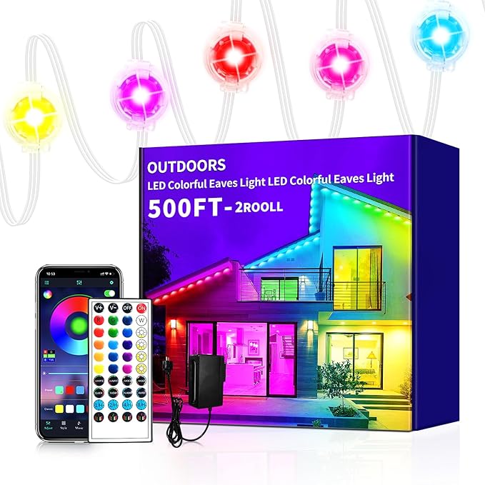 500ft Permanent Outdoor Lights, RGB LED Eaves Lights,IP67 Waterproof LED Eaves Light for Christmas,Halloween Decor,Outdoor Decor,Garden Décor（2 Rolls of 250ft）