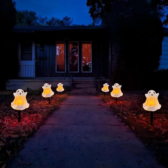 Halloween Ghosts Pathway Marker Lights, 7Ft C7 LED Outdoor Halloween Decorations String Lights Waterproof with 4 White Ghost Walkway Lights Plug in for Outdoor Halloween Party Garden Patio Garden Lawn
