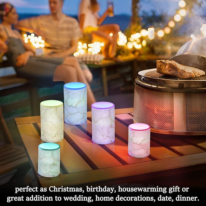 Flickering Flameless Candles, Marble Gray White Golden Texture LED Candles with Remote Timer, Set of 2 Battery Operated Candle for Valentine Wedding Birthday