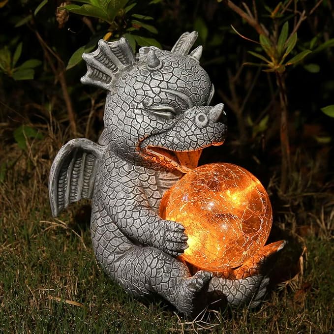 Solar Powered Dragon LED Light Garden Statue Outdoor Decorative Sculpture with Crackle Glass Ball Waterproof Yard Art Decor for Patio Lawn