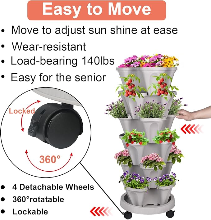 Vertical Planter 6 Tier Stackable Planters Garden Planters Strawberry Herb Flower and Vegetable Planter Indoor Outdoor Gardening Pots with Removable Wheels and Tools