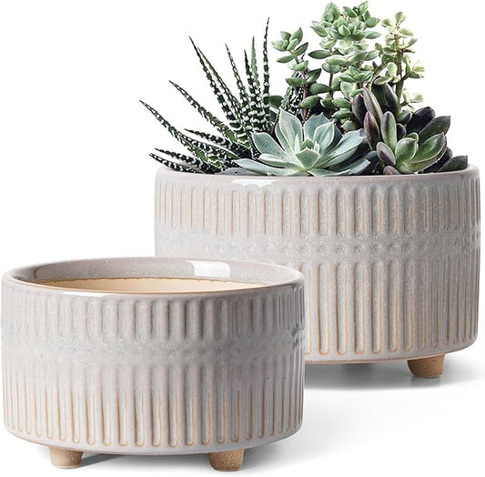 LE TAUCI Succulent Pots, 6.5+8 Inch Ceramic Indoor Plant Pot with Drainage Hole, Modern Round Decorative Flower Pot, Set of 2, Reactive Glaze Star White