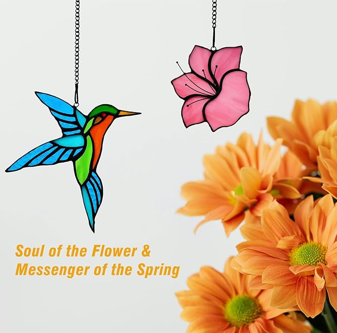 2 Pack Stained Glass Hummingbird with Flower Suncatcher for Window Hanging Ornament, Sun Catchers Indoor Window, Stained Glass Birds with Flower Gifts for Women, Mom, Birds Lovers