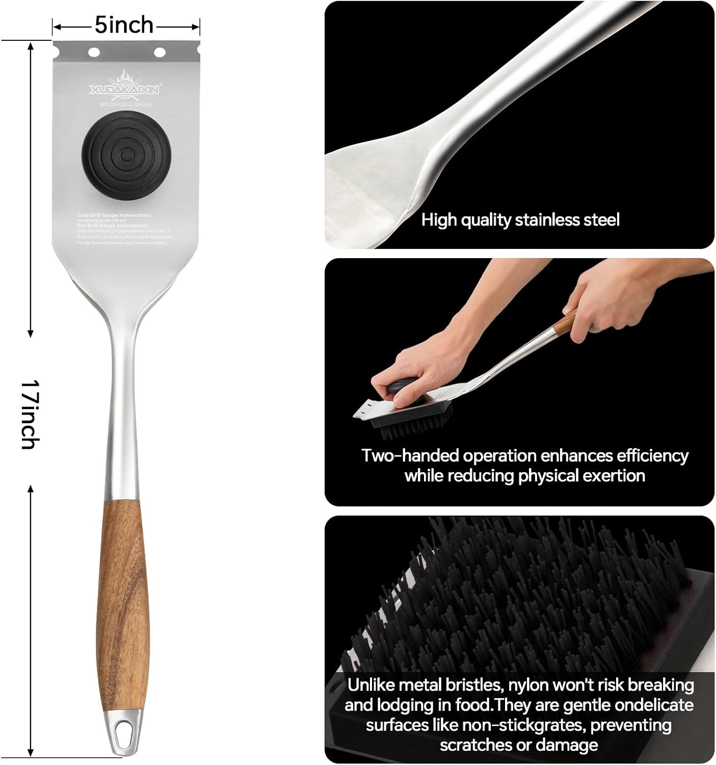 Grill Brush and Scraper, Dual Grip Design,Extra Strong BBQ Cleaner Accessories,Safe Nylon Bristles Barbecue Triple Scrubbers Cleaning Brush for Cast Iron Grates/Porcelain/Charcoal Grill