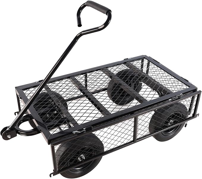 Heavy Duty 480 Lbs Capacity Mesh Steel Garden Cart Folding Utility Wagon with Removable Sides (Black)