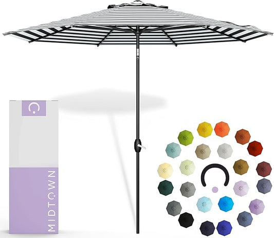 Midtown Umbrellas 10-Year-No-Fade - 8 Ft - UV Proof Black/White Stripes Fabric - Umbrella Outdoor Patio, Auto-Tilt Aluminum Frame Patio Umbrella for Garden, Pool & Deck - Black Pole