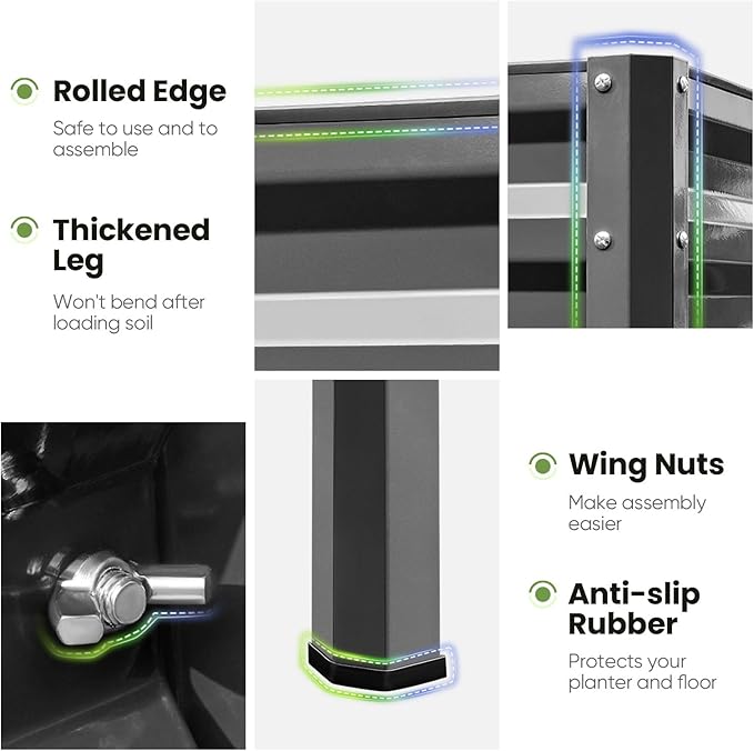 KING BIRD Raised Garden Bed with Legs Galvanized Elevated Planter Box for Backyard, Patio, Balcony, 33.9x17.7x31.5in, Dark Grey