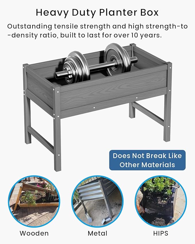 HDPE Raised Garden Bed with Legs, Outdoor Weather-Resistant Elevated Planter Box Stand for Seeds, Herbs, Flowers, Vegetables (Grey)