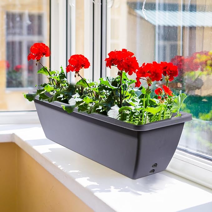 6 Pcs 24 inch Window Box Planter, Large Rectangular Flower Planter Boxes with Shelf Insert Plastic for Indoor and Outdoor Garden, Balcony Home Decor (6, 24 inch)