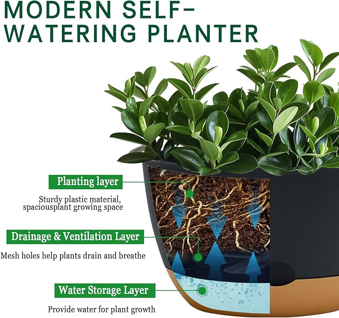 8/10/12 Inch Pots for Indoor Plants, Large Self Watering Planters with Drainage and Saucers, Plastic Outdoor Flower Pot, Set of 3, Grey
