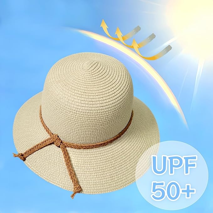 Beach Sun Straw Hats for Women, Summer Sun Protection Foldable Packable Wide Brim Hat