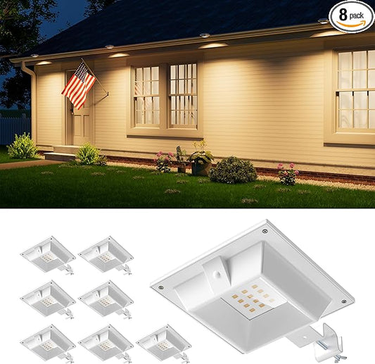 8 Pack Solar Powered Gutter Lights Outdoor Decorative Waterproof 12 LEDs Yard Lamp for Fence, Railing, Outside Wall, Deck, Garden, Path, Backyard, Walkway, Patio, No Drilling Installation (Warm White)