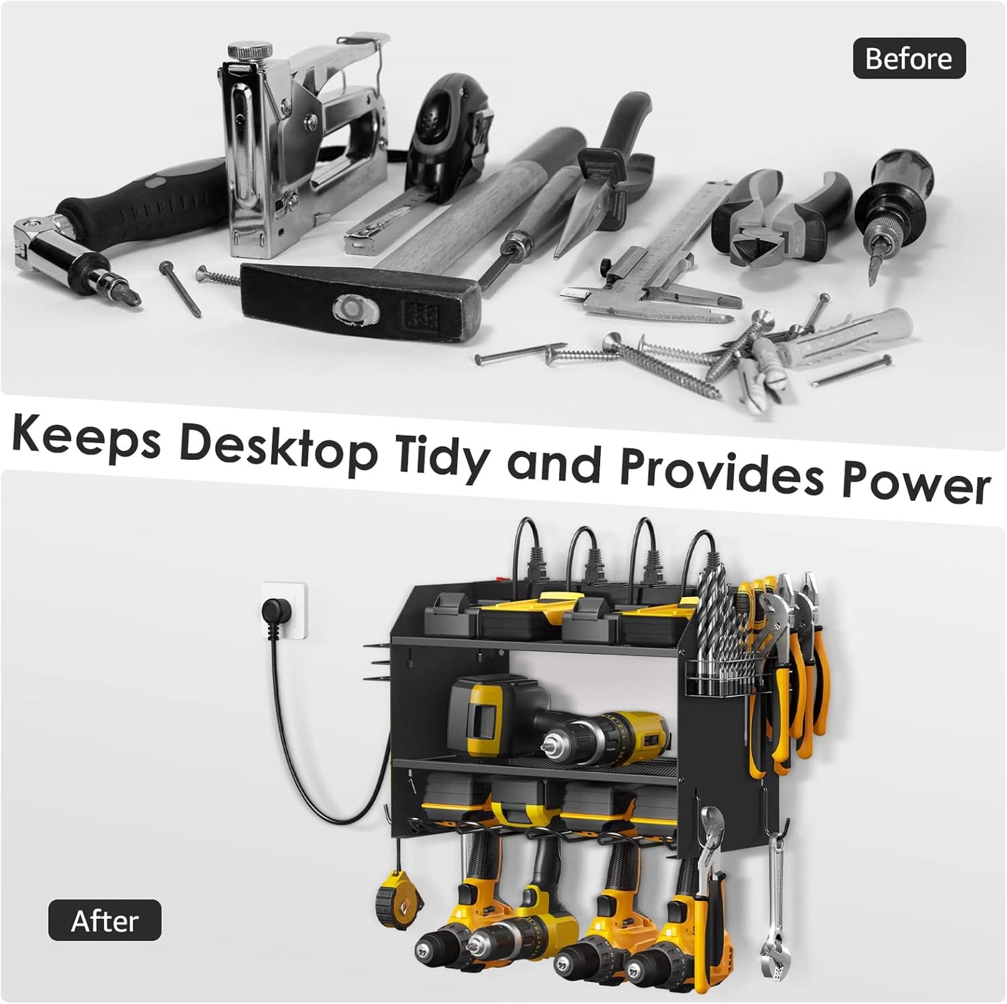CCCEI Modular Power Tool Organizer Wall Mount with Charging Station. Garage 4 Drill Storage Shelf with Hooks, Screwdriver, Drill Bit Heavy Duty Rack, Tool Battery Holder Built in 8 Outlet Power Strip.