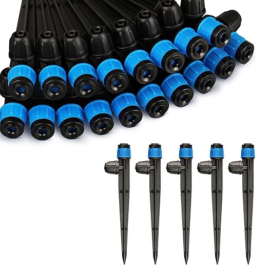 Drip Irrigation Emitters Fittings: Adjustable Irrigation Sprayer for 1/4 inch Drip Tubing Full Circle Vortex Stream Dripper on 5" Arrow Stake Barbed Locked Nuts Connectors (50 Pieces)