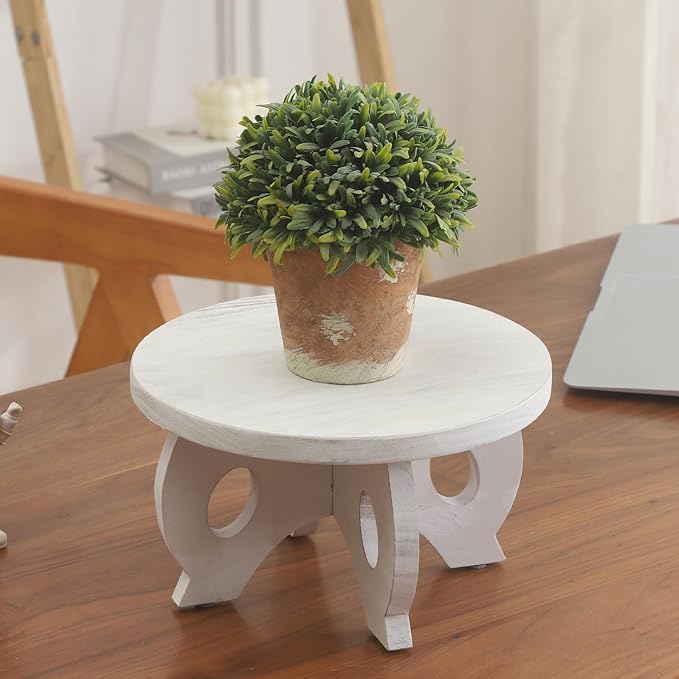 Small Plant Stand Kitchen Display Stand 10 inch Plant Holder Plant Stool Round Stand Risers Farmhouse Rustic Balcony Decor Pedestal Board Washed White