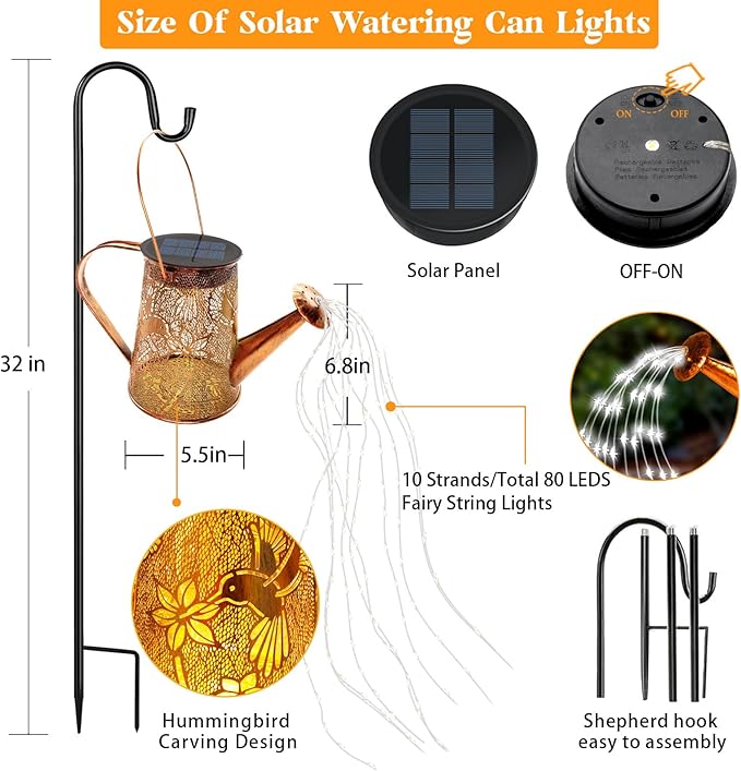 Solar Watering Can Lights, Hummingbird Christmas Gifts for Women Mom Grandma Birthday, Waterproof Outdoor Garden Decor Large Hanging Solar Lanterns Garden Lights for Patio Porch Yard Flowerbed Pathway