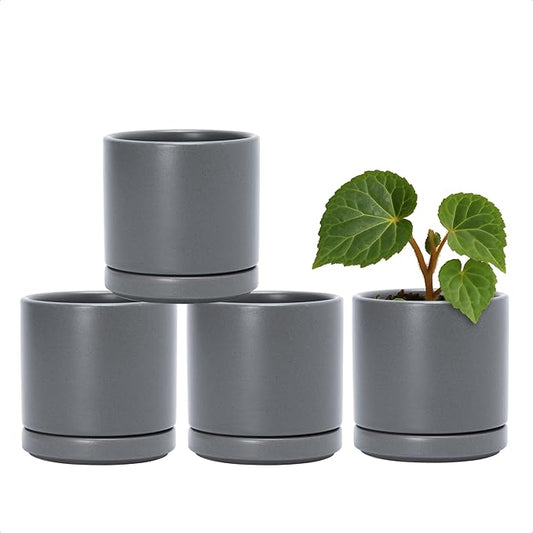 D'vine Dev Set of 4 Small Ceramic Plant Pots, 3.5 Inch Succulent Planter Pot for Plants with Drainage Hole and Saucer, Grey, 94-X-A-3
