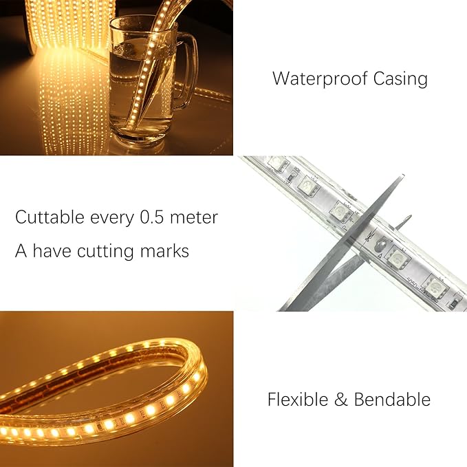 5050-60 Type AC 110-120V LED Strip Lights, Flexible/Waterproof/Dimmable/Multi-Modes LED Rope Light + 23 Keys Remote for Home/Garden/Building Decoration (65.6ft/20m, Natural White 4000K)