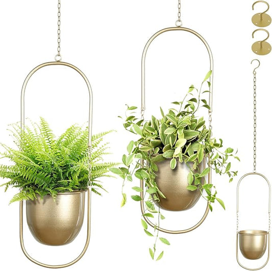 AceList Boho Hanging Planter for Indoor Plants - Set of 2 Gold Metal Wall Planter 5.7Inch with Hooks and Chins, Plant Hanger Decor for Window and Patio - Suitable for Hanging Plants Decor