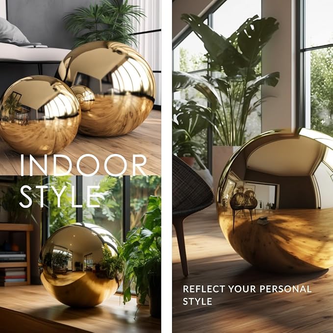 10 Inch Stainless Steel Gazing Globe,v2croft Hollow Ball Mirrored Surface Polished Shiny Sphere,Garden Stainless Steel Gazing Ball for Outdoor Lawn Pond Yard Ornament(Gold)