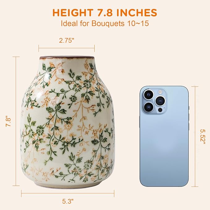 Rustic Vintage Ceramic Vase, 7.8 inch Beige and Green Decorative Vase, Aesthetic Farmhouse Pottery Vase for Home Decor, Living & Dining Room, Bookshelf, Office, TV Stand Table Decor