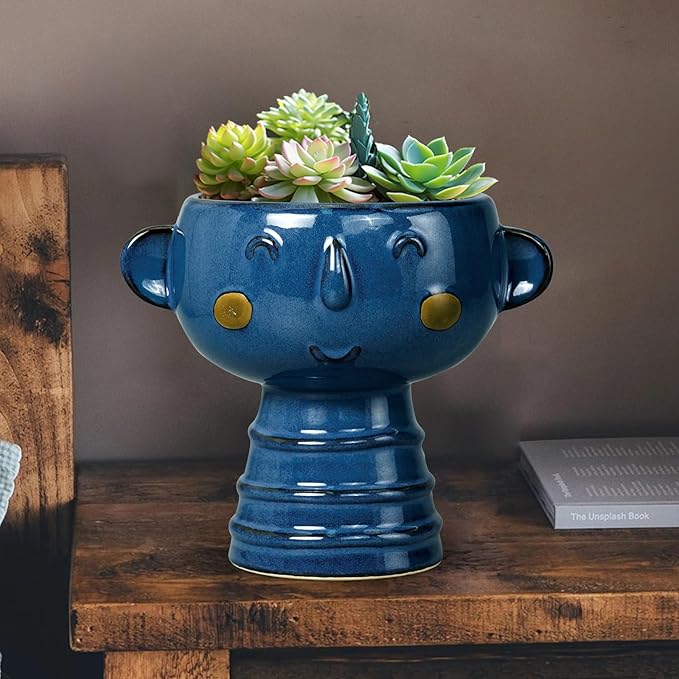 Face Planter Pot Head 7 Inch - Cute Ceramic Head Planter for Indoor Outdoor Plants Unique Flower Pot with Drainage Hole Gift Ideas for Christmas Blue