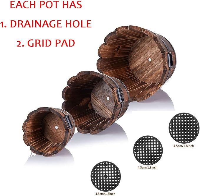 Wooden Bucket Barrel Planters, Small Flower Pot with Drainage Holes for Indoor Plants Home Décor, Set of 3