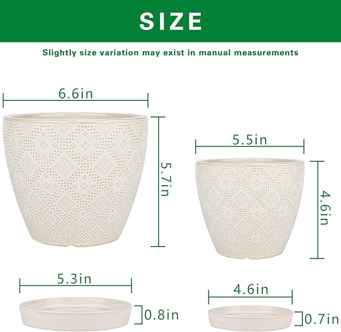 Docrin Ceramic Plant Pots Indoor: 6.6 + 5.5 Inch Planters with Drainage Holes and Saucer for Home/Office - Set of 2 /White