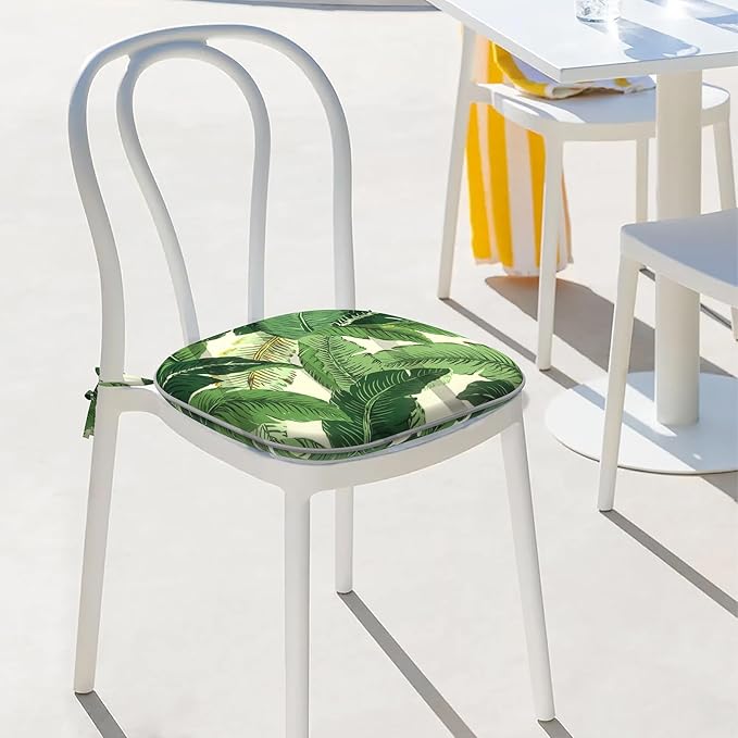 Indoor/Outdoor Chair Cushions 16x17 Inch, Patio Chair Cushions with Ties, All Weather Seat Cushions for Patio Furniture Home Garden Chair Use, Set of 4, Swaying Palms Green