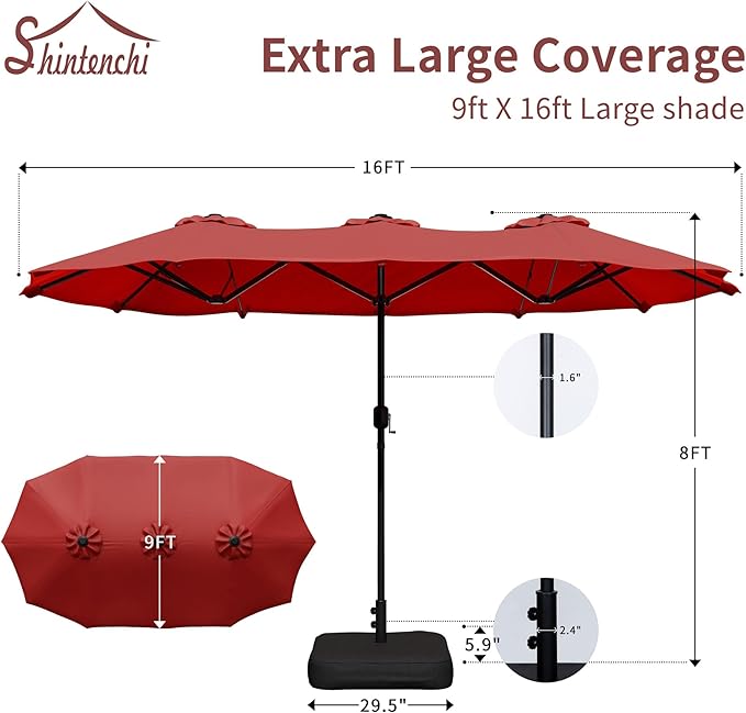 Shintenchi 16FT Large Patio Umbrella with Base, Outdoor Double-Sided Rectangular Umbrella, Market Umbrella with Crank Handle for Poolside Lawn Garden, Red