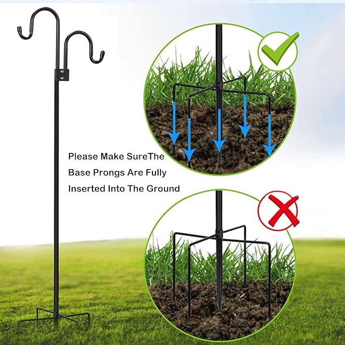Double Shepherds Hooks For Outdoor 108 Inch, Heavy Duty Metal Bird Feeder Pole Stand With 5 Base Prongs, 28.5 To 108 Inch Adjustable Garden Holder For Hanging Plant, Wind Chimes, Wedding Garden Etc