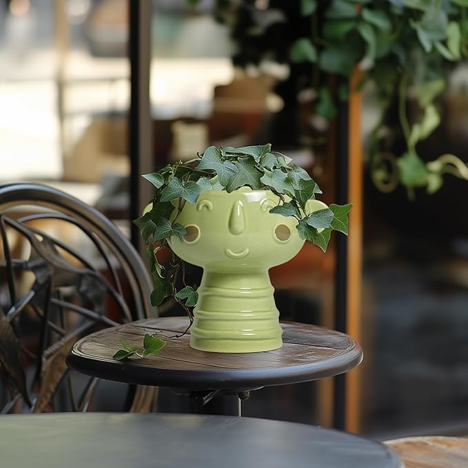 Face Planter Pots Head - 7 Inch Ceramic Succulent Plant Pots with Drainage Hole, Cute Head Planters for Indoor Outdoor Plants, Room Desk Office Decor, Plant Lover Gifts, Green