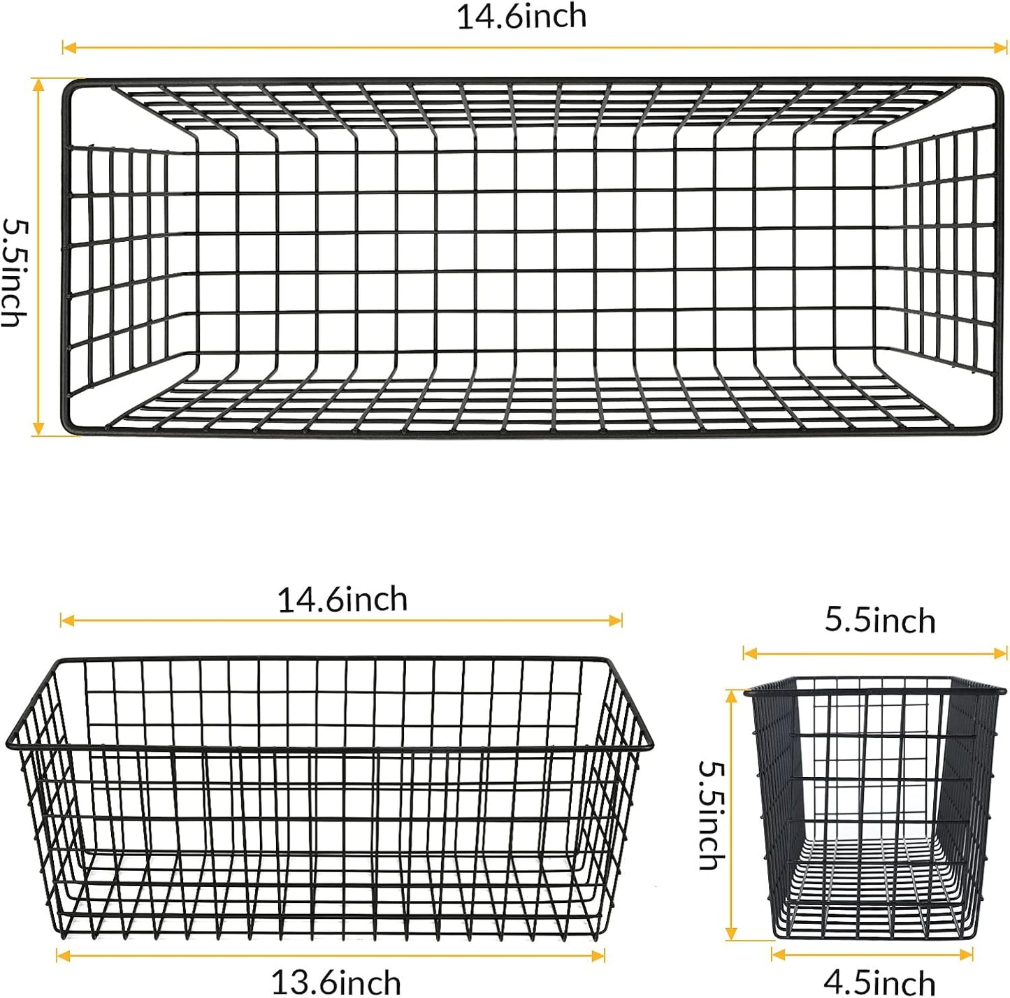 2 Sets Extra Large Hanging Wall Basket, Black Metal Wire Baskets with Steel Hooks for Organizing, WallmountedFruit Vegetable Toy Snack Storage, Home Kitchen Bathroom Laundry Pantry Organizer