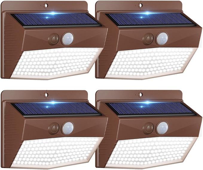 [4 Packs] Solar Outdoor Lights Motion Sensor Solar Security Lights Waterproof with 3 Lighting Modes Solar Powered Wall Lights Outside for Garden Fence Yard,Brown