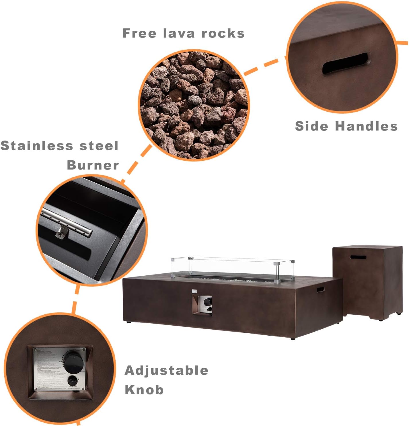 COSIEST 2-Piece Outdoor Propane Fire Table Set, Rectangle Concrete 56" x 28" Bronze Fire Pit (CSA Certified, 50,000 BTU) w 20lb Tank Table, Wind Guard, Waterproof Cover for Garden, Porch, Backyard