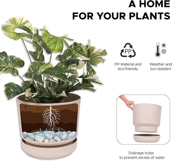 Elly Décor 14 inch Plastic Cylinder Planter Pot with Self-Watering Saucer and Drainage Hole,Lightweight & Extremely Durable, 14"x 14", Ivory