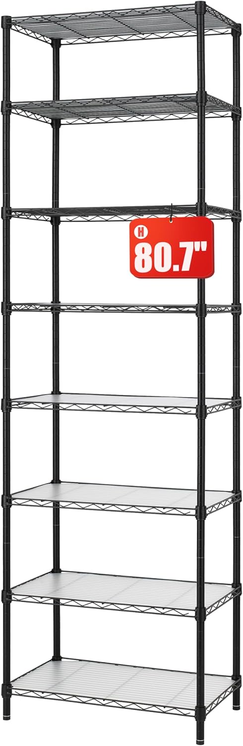 Finnhomy 8-Tier Wire Shelving Unit Adjustable Steel Wire Rack Shelving, 80.7 Inches Height 8 Shelves Metal Storage Rack, Pantry Shelves for Storage with PE mat, NSF Certified, Black