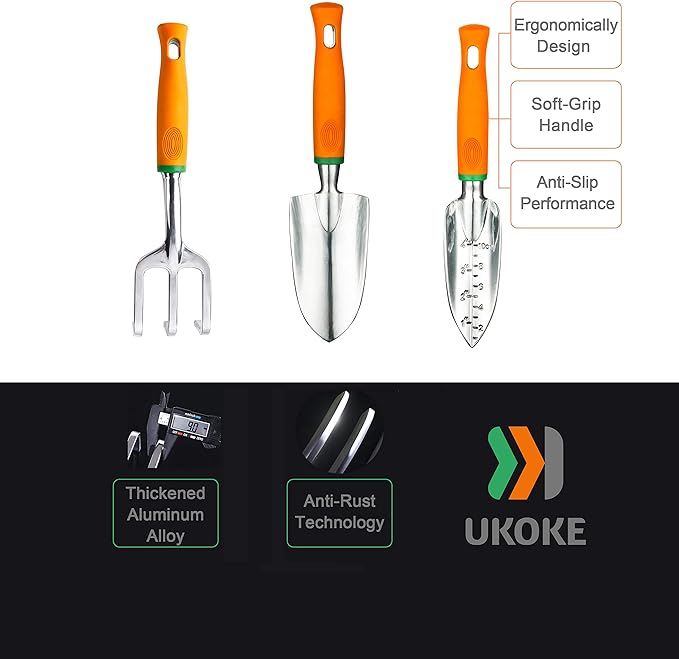 Ukoke Garden Tool Set, 3 Piece Aluminum Hand Tool Kit, Outdoor Tool, Heavy Duty Gardening Work Set with Ergonomic Handle, Gardening Tools for Women Men