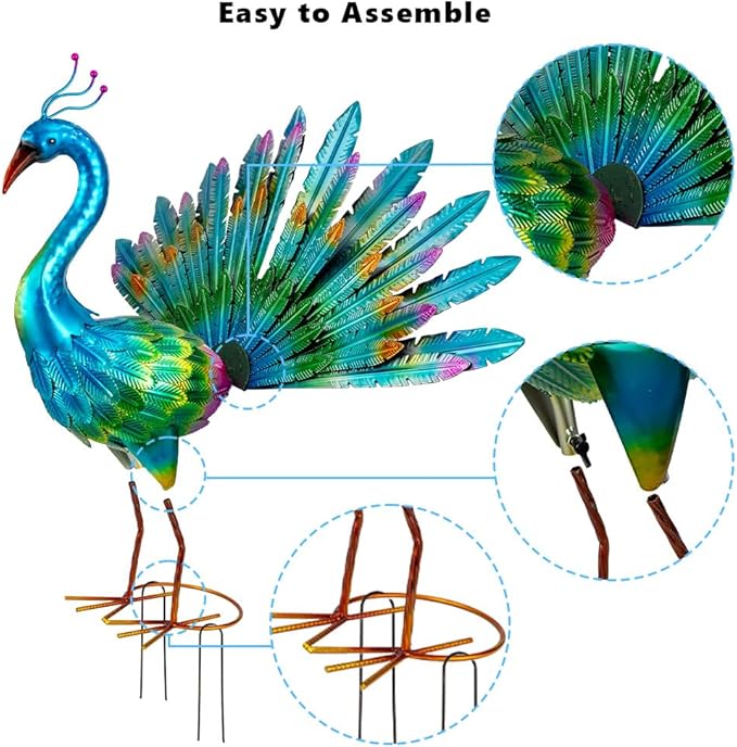 VEWOGARDEN Peacock Outdoor Statues Metal Peacock Tail Spread Garden Sculptures & Statues for Yard Lawn Patio Pool Outside Decorations, Blue