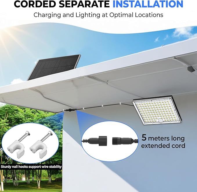 Outdoor Solar Lights,113 Powerful LED Lenses with 9000k Cool White Light, Solar Security Lights Indoor 5 Meters Long Wire, Works Upto 24 HR on Mode 3, Comes with 2 Year Warranty.