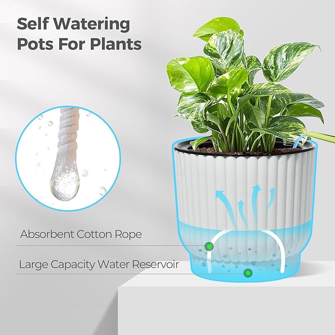 T4U 4.5 Inch Self Watering Pots for Indoor Plants, 6 Pack White Plastic Flower Pots for All House Plants, Flowers, African Violets