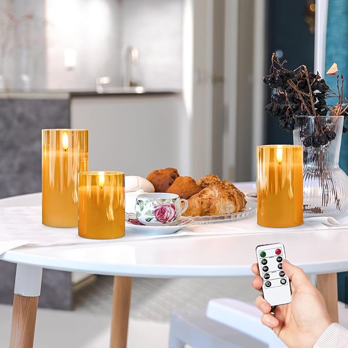 Glass Flameless Candles with Remote Timer,LED Candles Flickering Battery Operated with 3D Wick,Candle Holders Table Centerpiece Decoration for Home Wedding Birthday Festival(Gold)