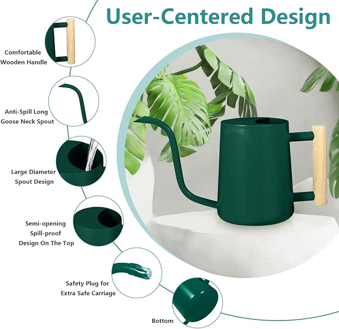 Watering Can Indoor Plants, 35oz Small Watering Can Indoor Stainless Steel Metal Watering Can Modern Decorative Watering Pot with Long Spout for Indoor House Plant Bonsai Garden Flowers (Alpinegreen)