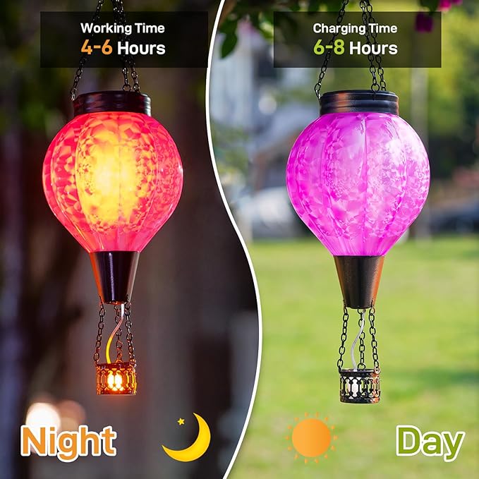 2PC Hot Air Balloon Solar Lantern with Flame, Pink Glass Balloon Lantern Lights Outdoor Waterproof, Hanging Solar Lights for Outside Garden Yard Patio Tree Porch Gift for Women Lovers Mom