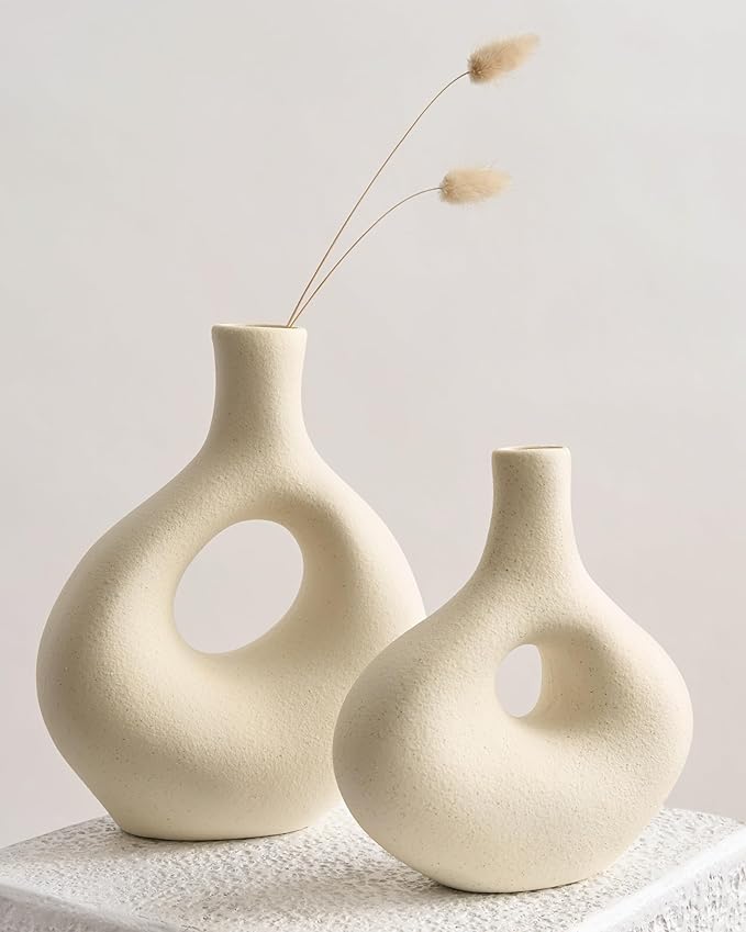 NOBULA White Ceramic Donut Vases – Modern Home Decor for Living Room, Bedroom & Table Centerpiece - Minimalist Nordic – Unique Vases for Olive Plant & Flowers – Decorative Coffee Table Vase Set of 2