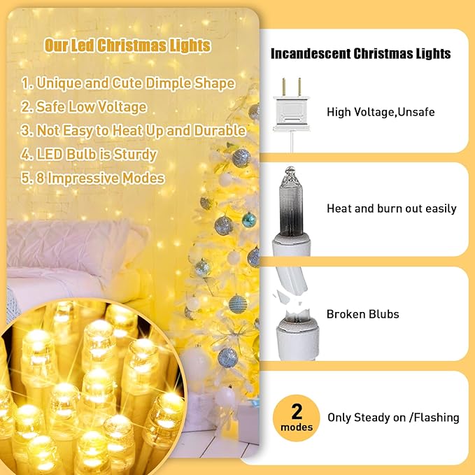 JMEXSUSS Connectable Warm White String Lights Indoor Bedroom, 8 Modes Christmas String Light Plug in Classroom Lights, 33ft 100 LED Fairy Twinkle Light Outdoor for Classroom Christmas Tree Decor