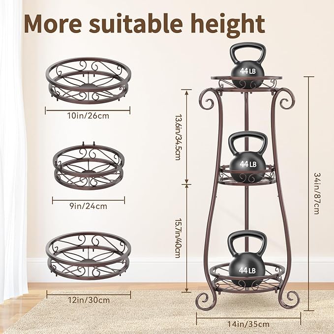 LASZOLA 3 Tier Bronze Metal Plant Stand for Multiple Large Planters Indoor Outdoor Organizer, Heavy Duty Tall Flower Stand for Corner Patio Bathroom Office, Modern Sturdy Vertical Iron Rack, Cat Proof